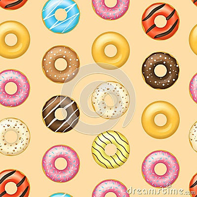 Realistic Detailed 3d Glazed Donuts Seamless Pattern Background. Vector Vector Illustration