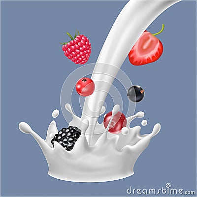 Realistic Detailed 3d Raw Berries with Flow Milk. Vector Vector Illustration