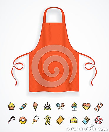 Realistic Detailed 3d Red Apron and Thin Line Icon. Vector Vector Illustration