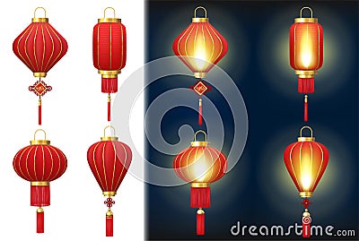 Realistic Detailed 3d Red Chinese Lanterns Set. Vector Vector Illustration