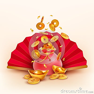 Realistic Detailed 3d Red Lucky Bag Full of Gold Coins and Hand Fan. Vector Vector Illustration