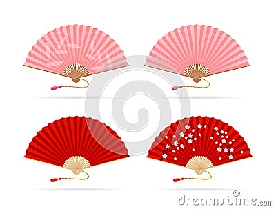Realistic Detailed 3d Red and Pink Asian Hand Fans Set. Vector Vector Illustration