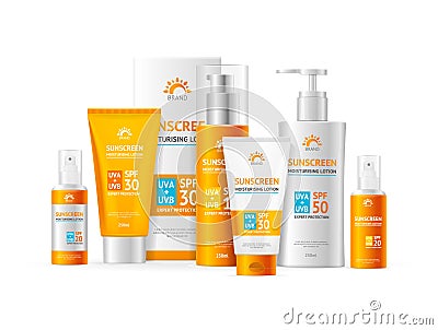 Realistic Detailed 3d Sunscreen Moisturizer Lotion Cream Set. Vector Vector Illustration