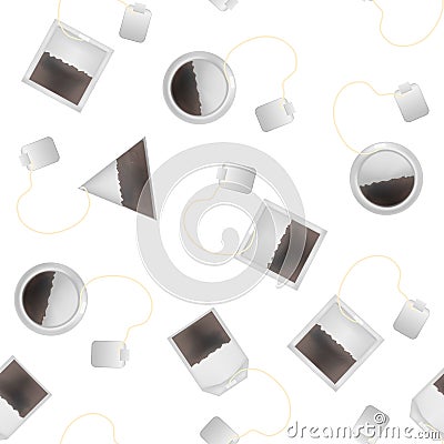 Realistic Detailed 3d Tea Bag Seamless Pattern Background. Vector Vector Illustration