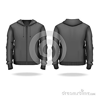 Realistic Detailed 3d Template Blank Black Male Zip Up Hoodie Mock Up. Vector Vector Illustration