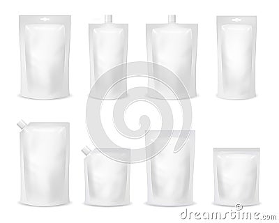 Realistic Detailed 3d Various White Blank Doypack Template Mockup Set. Vector Vector Illustration