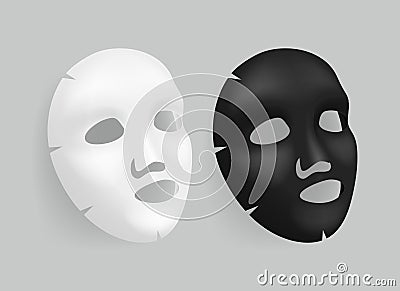 Realistic Detailed 3d White and Black Blank Facial Mask Template Mockup Set. Vector Vector Illustration