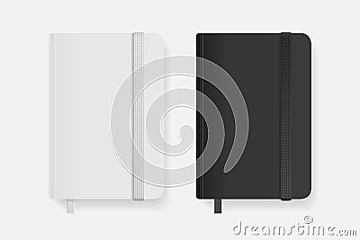 Realistic Detailed 3d White and Black Copybook Template with Elastic Band and Bookmark Set. Vector Vector Illustration