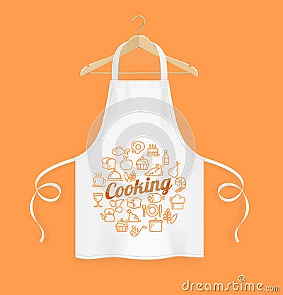 Realistic Detailed 3d White Kitchen Apron with Wooden Clothes Hanger. Vector Vector Illustration