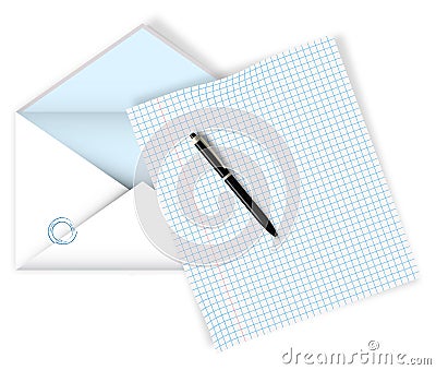Realistic detailed open mail envelope with a squared notebook sheet and a ballpoint pen. Sending correspondence, work mail. Vector Illustration