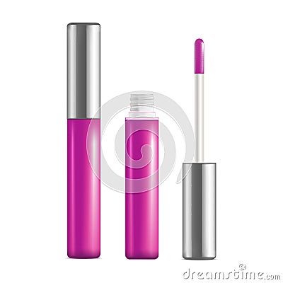 Realistic Detailed Pink Lip Gloss Set Open and Close. Vector Vector Illustration