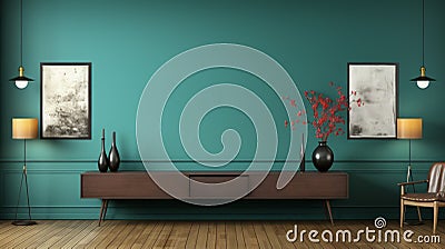 Teal Modern Interior With Oriental Minimalism: 3d Rendering In Dark Crimson And Brown Stock Photo