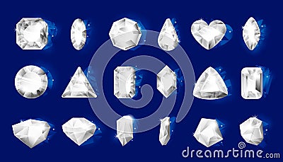 Realistic diamonds. Realistic jewel stones with shiny edges, 3D jewelry transparent crystals of different shapes Vector Illustration