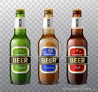 Realistic different colors beer bottles. 3d glass drinks containers for light and dark beer, alcohol green and brown Stock Photo