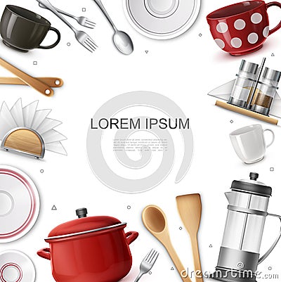 Realistic Dishware And Utensils Concept Vector Illustration