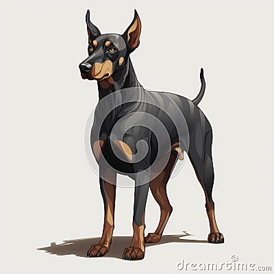 Realistic Doberman Pinscher Dog Cartoon Illustration In Dark Blue And Amber Cartoon Illustration