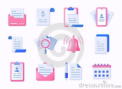 Realistic documents icon. 3D plastic contract form and paper check list. Work documentation files. Envelope or calendar Vector Illustration