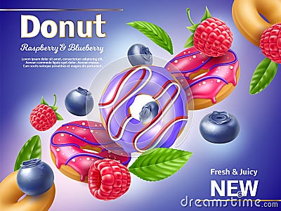 Realistic donuts poster. Sweet pastries with fruit, berry glaze, flying donut with mint leaves, raspberry and blueberry Vector Illustration