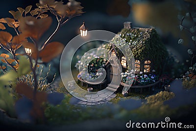 Realistic, dramatic, render A nostalgic and whimsical fairy garden with tiny house Stock Photo