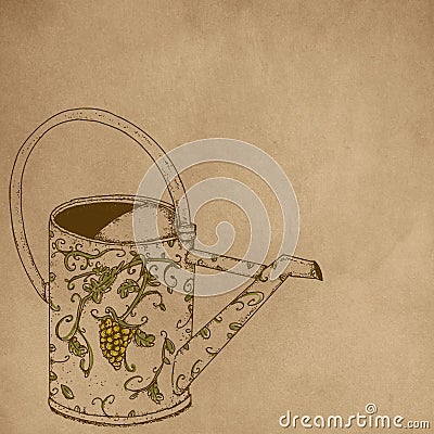 Realistic drawings of a watering can Cream bottom and writing space Stock Photo