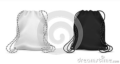 Realistic drawstring bags. Blank black and white backpack mockup for corporate identity, sport pack for accessory Vector Illustration