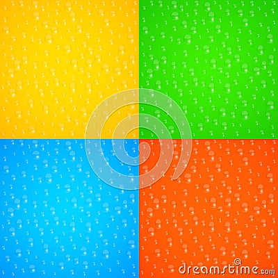 Realistic dripping drops of water. Multicolored glass. Colorful background for your projects. Pure freshness. Fresh juice. Vector Cartoon Illustration