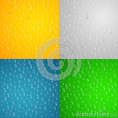 Realistic dripping drops of water. Multicolored glass. Colorful background for your projects. Pure freshness. Vector illustration Cartoon Illustration