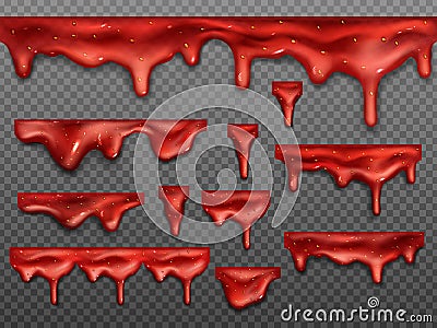 Realistic dripping strawberry liquid jam drops set Vector Illustration