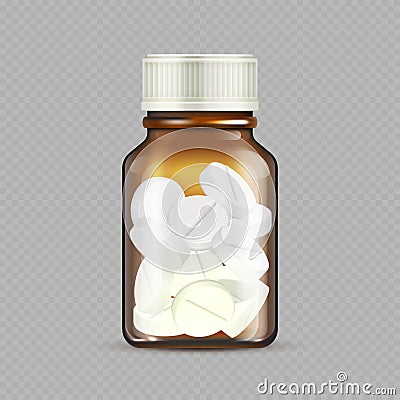 Realistic drugs bottle isolated on transparent background. Brown glass bottle with pills - medicine vector illustration Vector Illustration