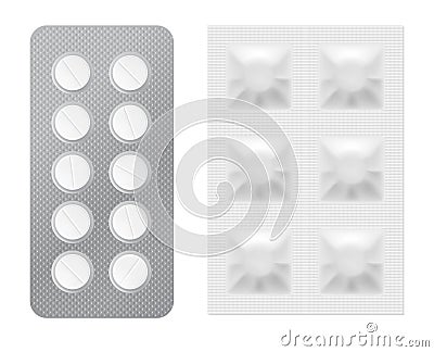 Realistic Drugs Pack. Set Of Tablets Blisters Vector Illustration