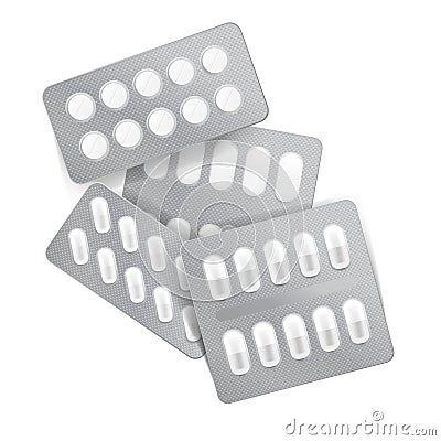 Realistic Drugs Pack. Set Of Tablets Blisters Stock Photo