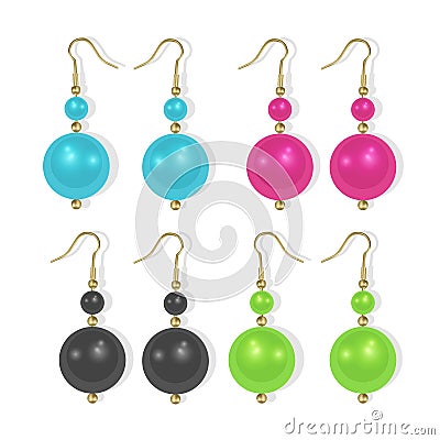 Realistic earrings icons set. Gold jewelry, Pearl earrings of bright colors on white background, Vector EPS 10 illustration Vector Illustration