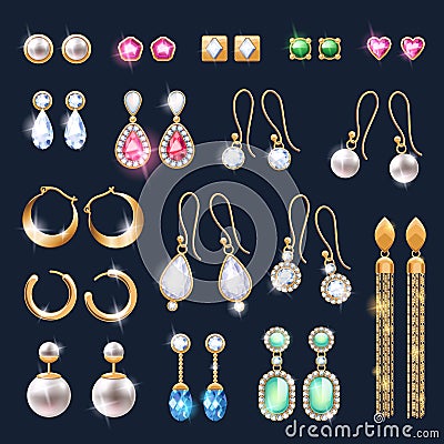 Realistic earrings jewelry accessories icons set. Vector Illustration