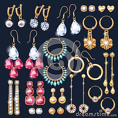 Realistic earrings jewelry accessories icons set. Vector Illustration