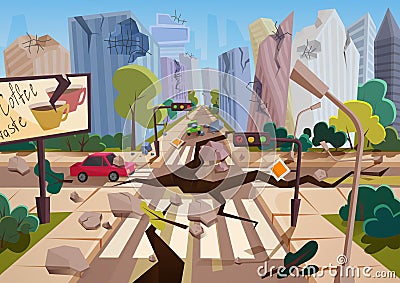 Realistic earthquake with ground crevices in cartoon ruined urban city houses with cracks and damages. Natural disaster Vector Illustration