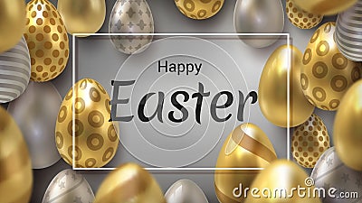 Realistic Easter egg background. Happy holiday banner with golden eggs decorative elements. Vector design template for Vector Illustration