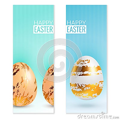 Realistic easter eggs on blue background with banner Vector Illustration