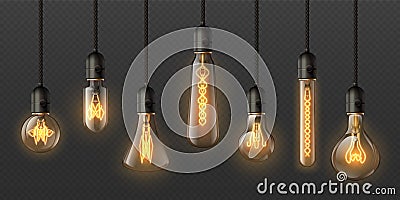 Realistic edison light bulbs. 3d retro hanging steampunk lamps with incandescent lightbulb. Electrical decorative Vector Illustration