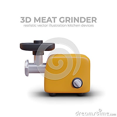 Realistic electrical meat grinder in yellow colors on white background with place for text Vector Illustration