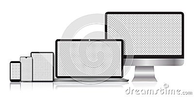 Realistic electronic devices - computer monitors, desktops, laptops, tablets, smartphones, mobile phones, telephones. Vector Vector Illustration