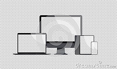 Realistic electronic devices mockup set laptop monitor tablet and smartphone with empty blank screen digital technology Vector Illustration