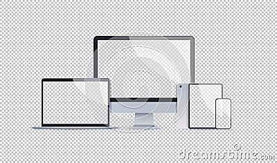 Realistic electronic devices mockup set laptop monitor tablet and smartphone with empty blank screen digital technology Vector Illustration