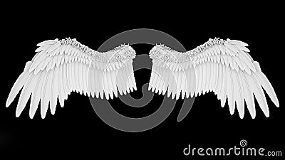 Realistic elegant white angel wings isolated on black background, 3D rendering Stock Photo