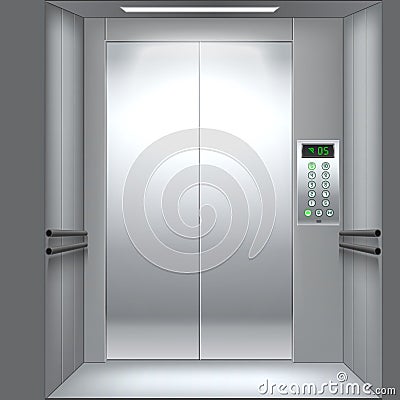 Realistic elevator cabin. Lift inside view. Metal close doors. 3D empty interior with buttons and electronic floor index Vector Illustration
