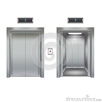 Realistic Elevator with Closed and Opened Metal Door. Vector Vector Illustration