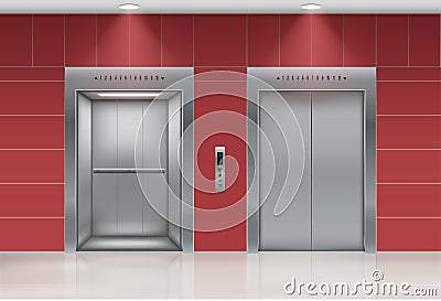 Realistic elevator. Open and closed sliding metal doors. Building hallway interior. Steel indoor lift. Walls and floor Vector Illustration