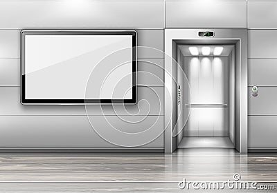 Realistic elevator with open door and TV screen Vector Illustration