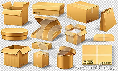 Realistic empty cardboard box Opened. Brown delivery. Carton package with fragile sign on transparent white background Vector Illustration