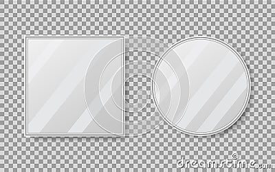 Realistic empty mirrors with reflect in mockup style. Oval mirror with empty surface on isolated background. Set of mirror decor. Cartoon Illustration