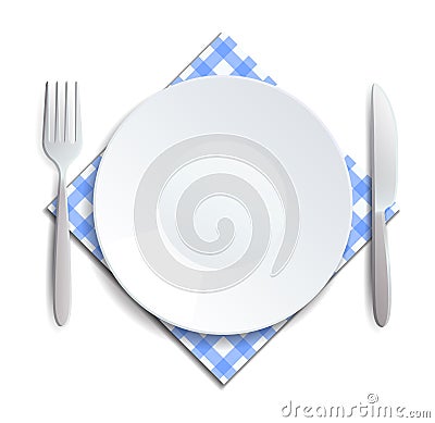 Realistic empty plate, fork and knife served on a checkered napkin vector illustration. Can be used for advertising Vector Illustration